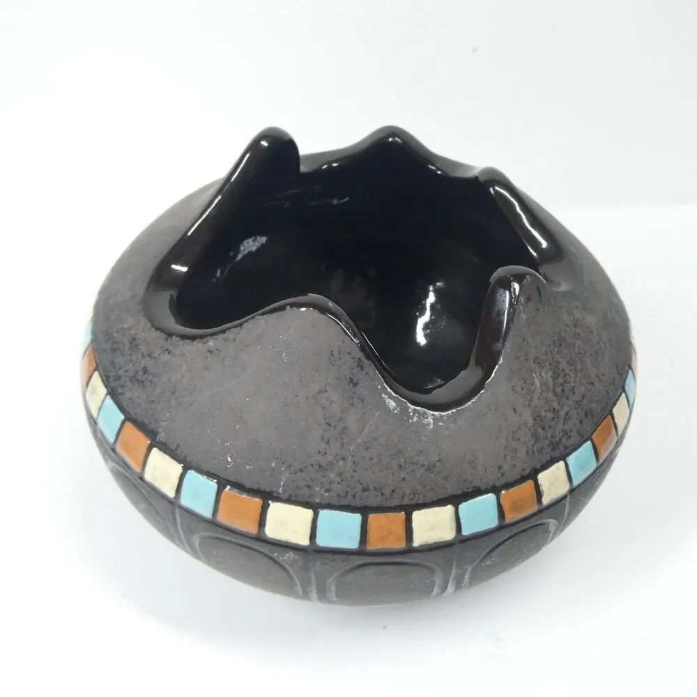 Black Ceramic Bowl Pot w/Blue Squares Geometric Signed Vtg MCM Blackware Native?